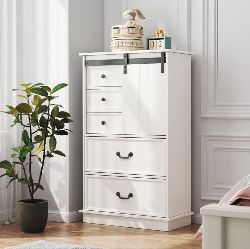 51" Farmhouse Chest Of Drawers – 5 Drawer Tall Dresser With Sliding Door & Adjustable Shelves For Bedroom Or Living Room