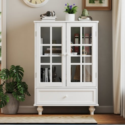 Minimalist White Buffet Cabinet – Modern Sideboard With Double Glass Doors & Drawer For Living Room Or Dining Area