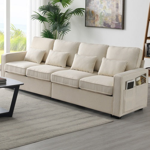 Seater Modern Linen Fabric Sofa With Armrest Pockets And 4 Pillows Minimalist Style Couch For Living Room Apartment Office 3 Colors