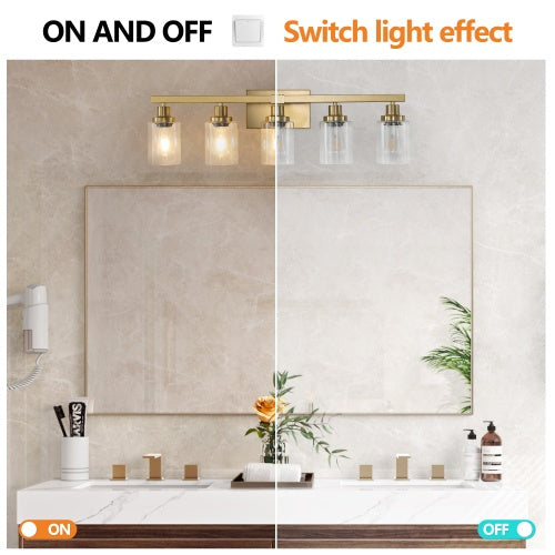 Gold 5 Light Vanity Light With Clear Glass Shade Modern Iron Bathroom Wall Fixture For Bathroom Dresser No Bulbs
