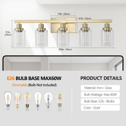 Gold 5 Light Vanity Light With Clear Glass Shade Modern Iron Bathroom Wall Fixture For Bathroom Dresser No Bulbs