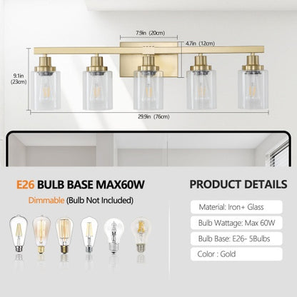Gold 5 Light Vanity Light With Clear Glass Shade Modern Iron Bathroom Wall Fixture For Bathroom Dresser No Bulbs