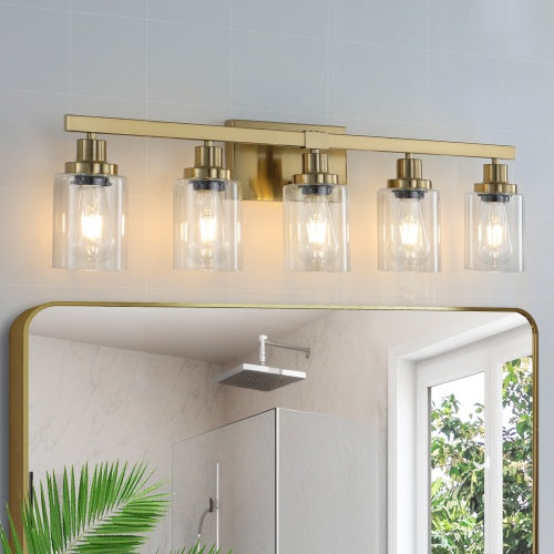 Gold 5 Light Vanity Light With Clear Glass Shade Modern Iron Bathroom Wall Fixture For Bathroom Dresser No Bulbs