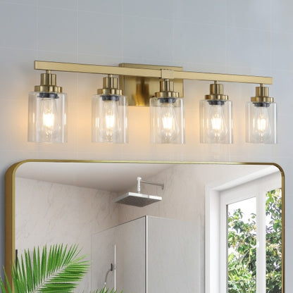 Gold 5 Light Vanity Light With Clear Glass Shade Modern Iron Bathroom Wall Fixture For Bathroom Dresser No Bulbs