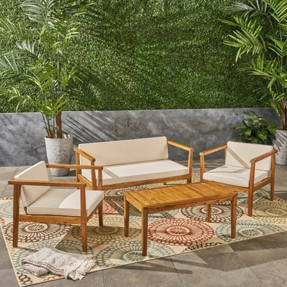 Outdoor 4 Seater Acacia Wood Chat Set With Coffee Table With Cushions Teak And Beige