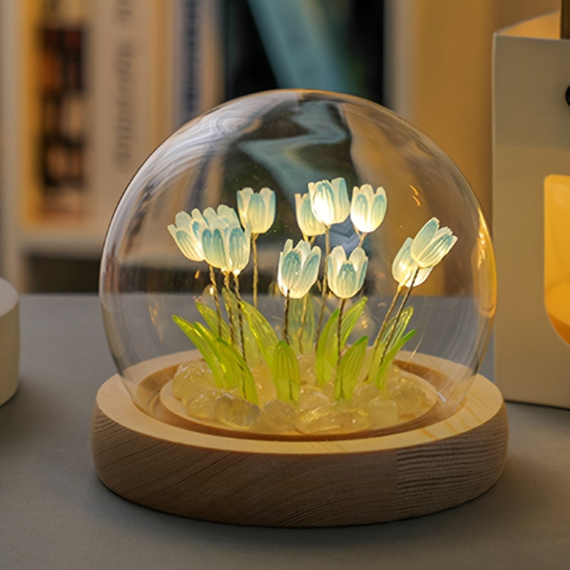 Unique Glass Tulip Night Light - USB Powered, Art Deco Style, Tabletop Decor for Home