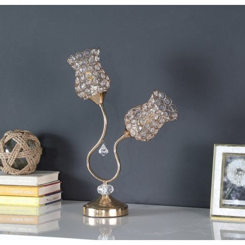 H&H Rose Gold 2 Flower Horn Ornate Metal Table Lamp