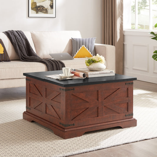 H&H Farmhouse Square Wood Coffee Table with Hidden Storage – Rustic Lift-Top Centerpiece for Living Room or Bar