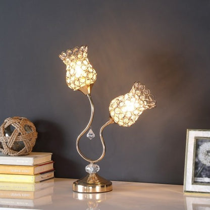 H&H Rose Gold 2 Flower Horn Ornate Metal Table Lamp
