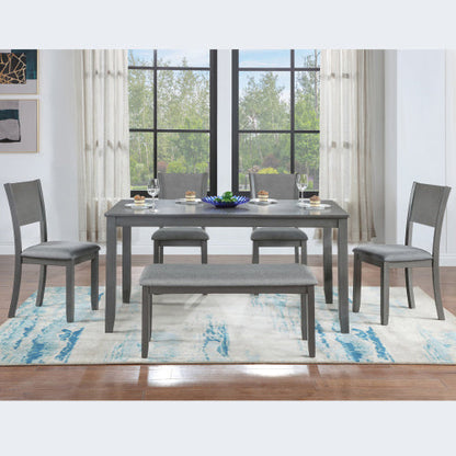 6 Piece Wooden Dining Table Set – Rectangular Table With 4 Upholstered Chairs & Bench For Kitchen Or Dining Room (Gray)