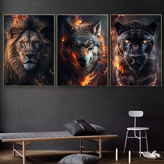 Set of 3 Animal Canvas Wall Art Posters with Fire Effect - Frameless Vintage-Inspired Wild Animal Paintings for Living Room Decor, Indoor Canvas Artwork