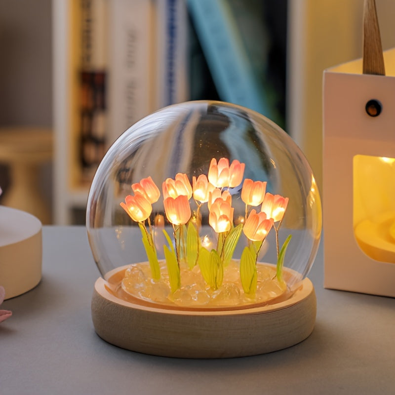 Unique Glass Tulip Night Light - USB Powered, Art Deco Style, Tabletop Decor for Home