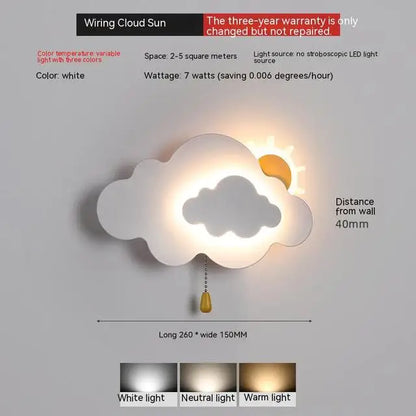 Cute tricolor LED bedside wall lights with sun-cloud Theme