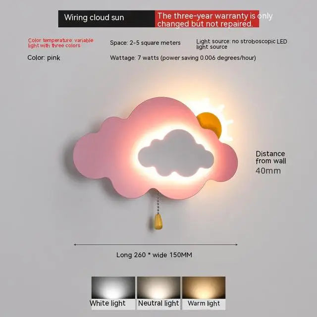 Cute tricolor LED bedside wall lights with sun-cloud Theme