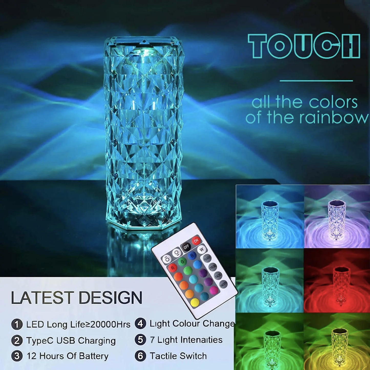 Rechargeable Rose LED Night Light 16 Color Crystal Table Lamp For Bedroom