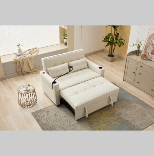 3 In 1 Convertible Futon Chair Bed – Pull Out Sleeper Armchair With Usb Ports For Living Room (White)