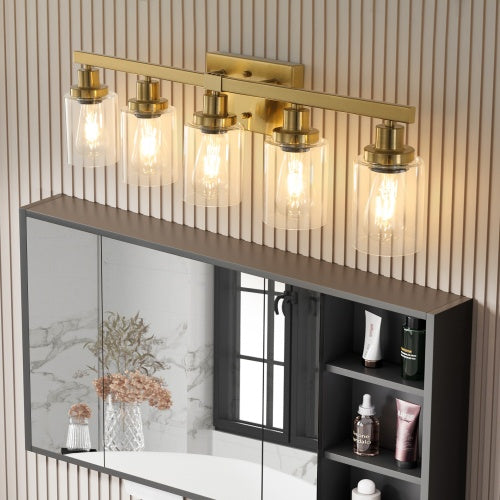 Gold 5 Light Vanity Light With Clear Glass Shade Modern Iron Bathroom Wall Fixture For Bathroom Dresser No Bulbs
