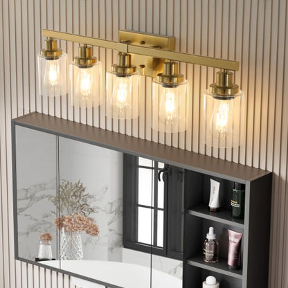 Gold 5 Light Vanity Light With Clear Glass Shade Modern Iron Bathroom Wall Fixture For Bathroom Dresser No Bulbs