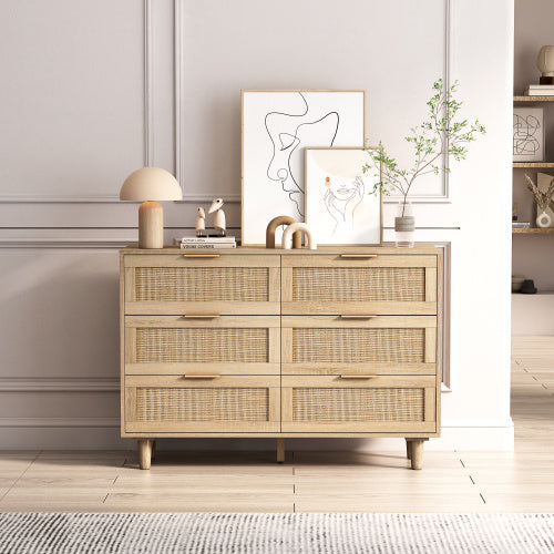 Natural Rattan Drawer Storage Cabinet Boho Style Organizer For Bedroom Living Room