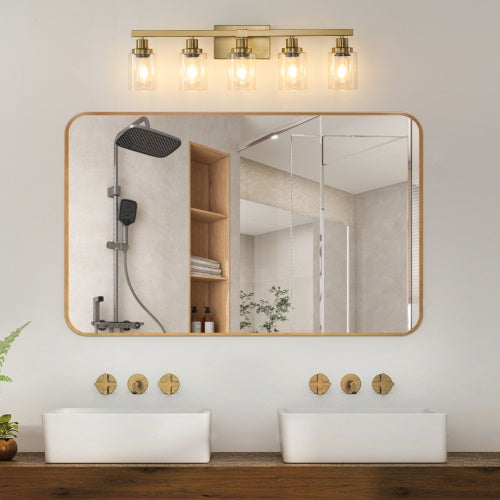 Gold 5 Light Vanity Light With Clear Glass Shade Modern Iron Bathroom Wall Fixture For Bathroom Dresser No Bulbs