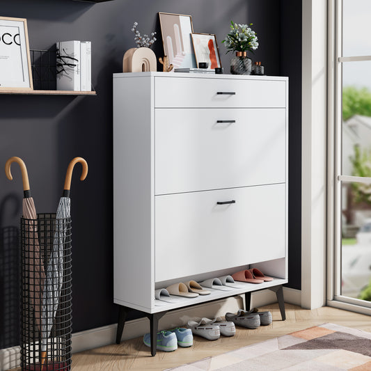 Modern White Shoe Cabinet With Metal Legs Compact Shoe Storage Shelves For Entryway Or Closet