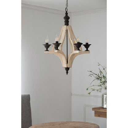 6 Light Wood Chandelier With Adjustable Chain For Kitchen Dining Hall Entrance Bulb Not Included
