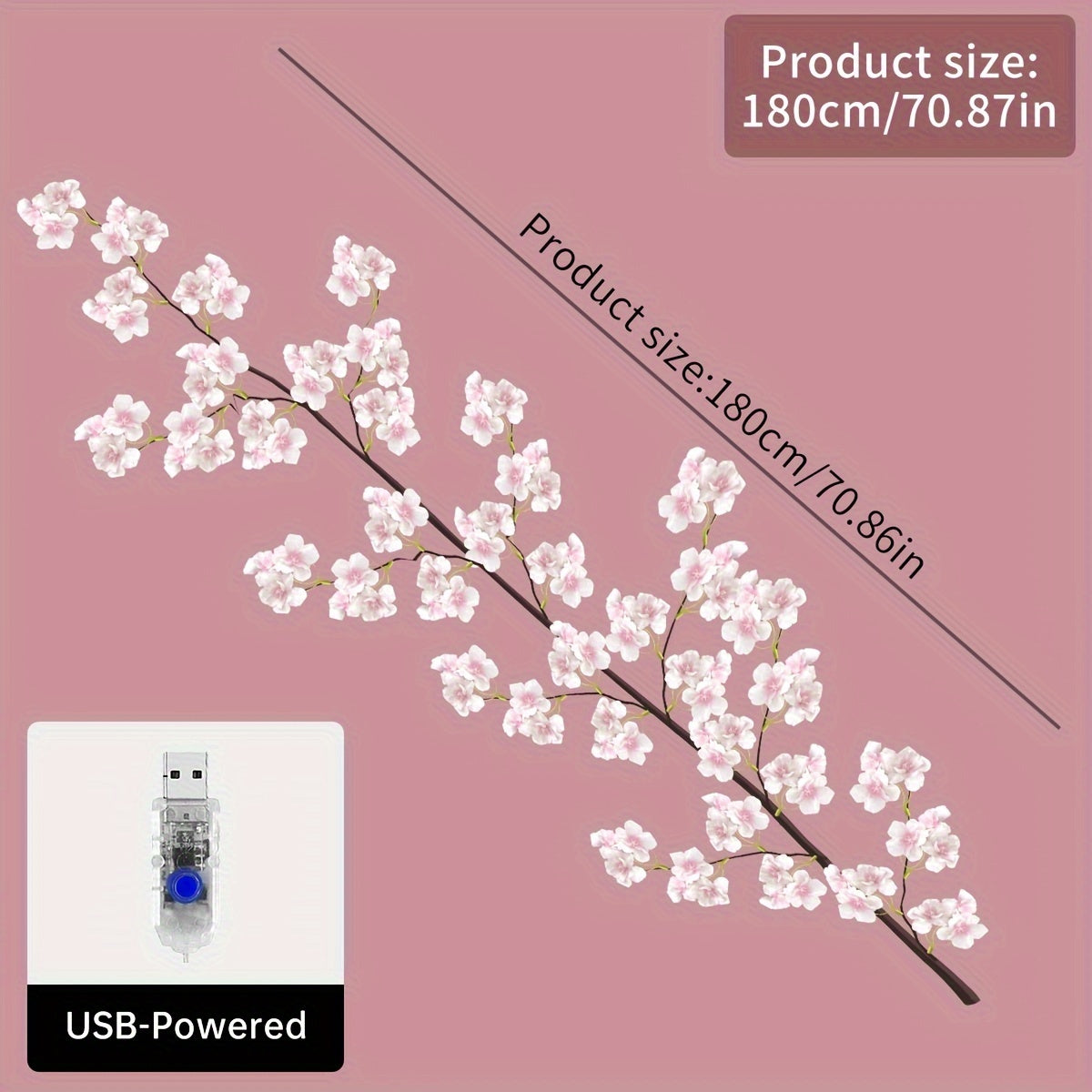 USB Powered Cherry Blossom Branch Lamp, 1pc Energy-Efficient LED Strip Lights with Push Button Control, Realistic Artificial Flowers for Spring/Summer Indoor/Outdoor Decor, Wedding, Christmas - No Battery Included