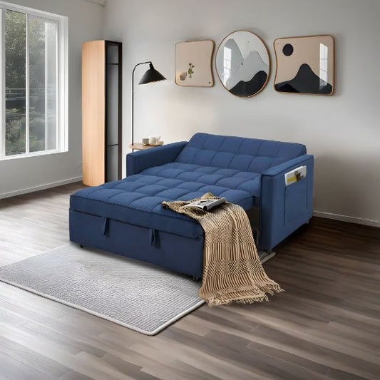 Stylish Blue Pull Out Sofa Bed With Woven Polyester Fabric Solid Wood Frame