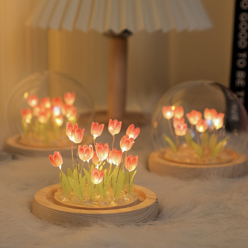 Unique Glass Tulip Night Light - USB Powered, Art Deco Style, Tabletop Decor for Home