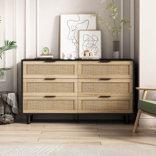 Black Rattan Drawer Storage Cabinet Modern Boho Organizer For Bedroom Living Room